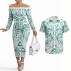 Maori Rugby Custom Ngaru Mangopare Couples Matching Off The Shoulder Long Sleeve Dress and Hawaiian Shirt Karikiorangi Taniwha Motif