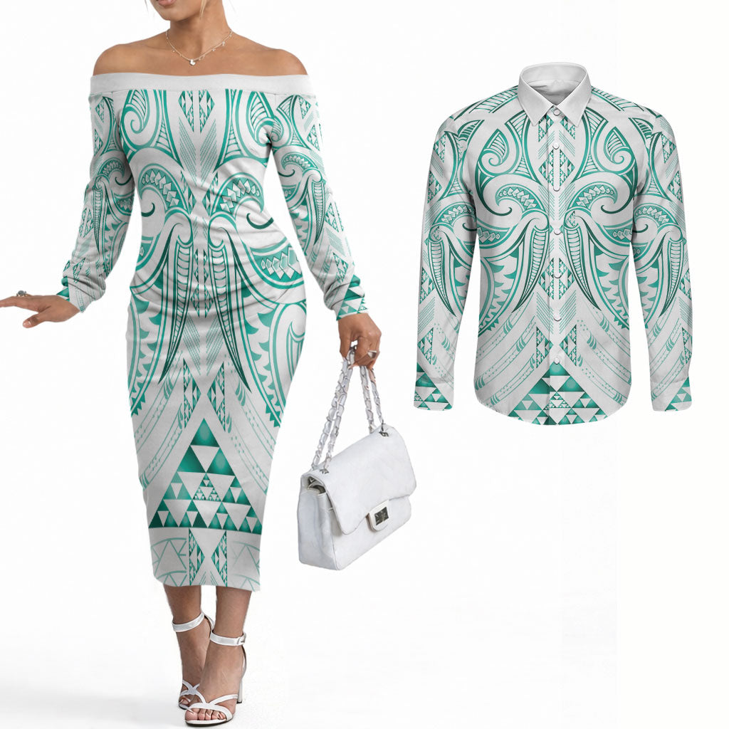 Maori Rugby Custom Ngaru Mangopare Couples Matching Off The Shoulder Long Sleeve Dress and Long Sleeve Button Shirt Karikiorangi Taniwha Motif