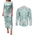 Maori Rugby Custom Ngaru Mangopare Couples Matching Puletasi and Long Sleeve Button Shirt Karikiorangi Taniwha Motif