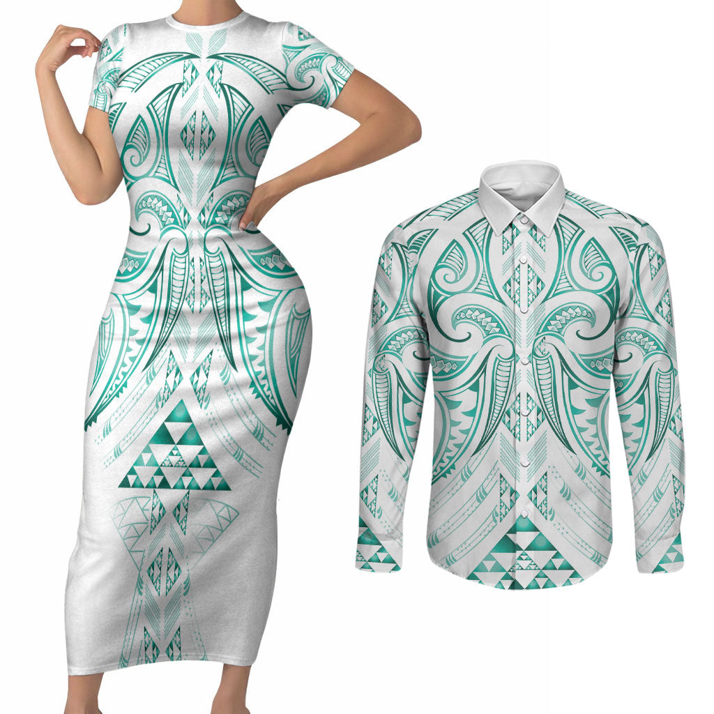 Maori Rugby Custom Ngaru Mangopare Couples Matching Short Sleeve Bodycon Dress and Long Sleeve Button Shirt Karikiorangi Taniwha Motif