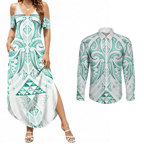 Maori Rugby Custom Ngaru Mangopare Couples Matching Summer Maxi Dress and Long Sleeve Button Shirt Karikiorangi Taniwha Motif