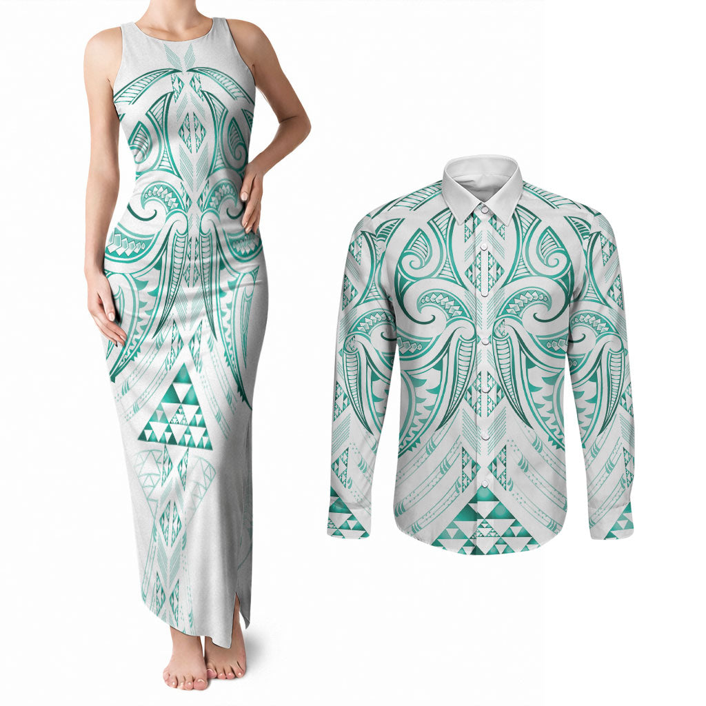 Maori Rugby Custom Ngaru Mangopare Couples Matching Tank Maxi Dress and Long Sleeve Button Shirt Karikiorangi Taniwha Motif
