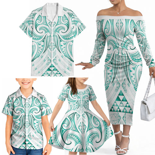 Maori Rugby Custom Ngaru Mangopare Family Matching Off The Shoulder Long Sleeve Dress and Hawaiian Shirt Karikiorangi Taniwha Motif