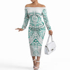 Maori Rugby Custom Ngaru Mangopare Off The Shoulder Long Sleeve Dress Karikiorangi Taniwha Motif