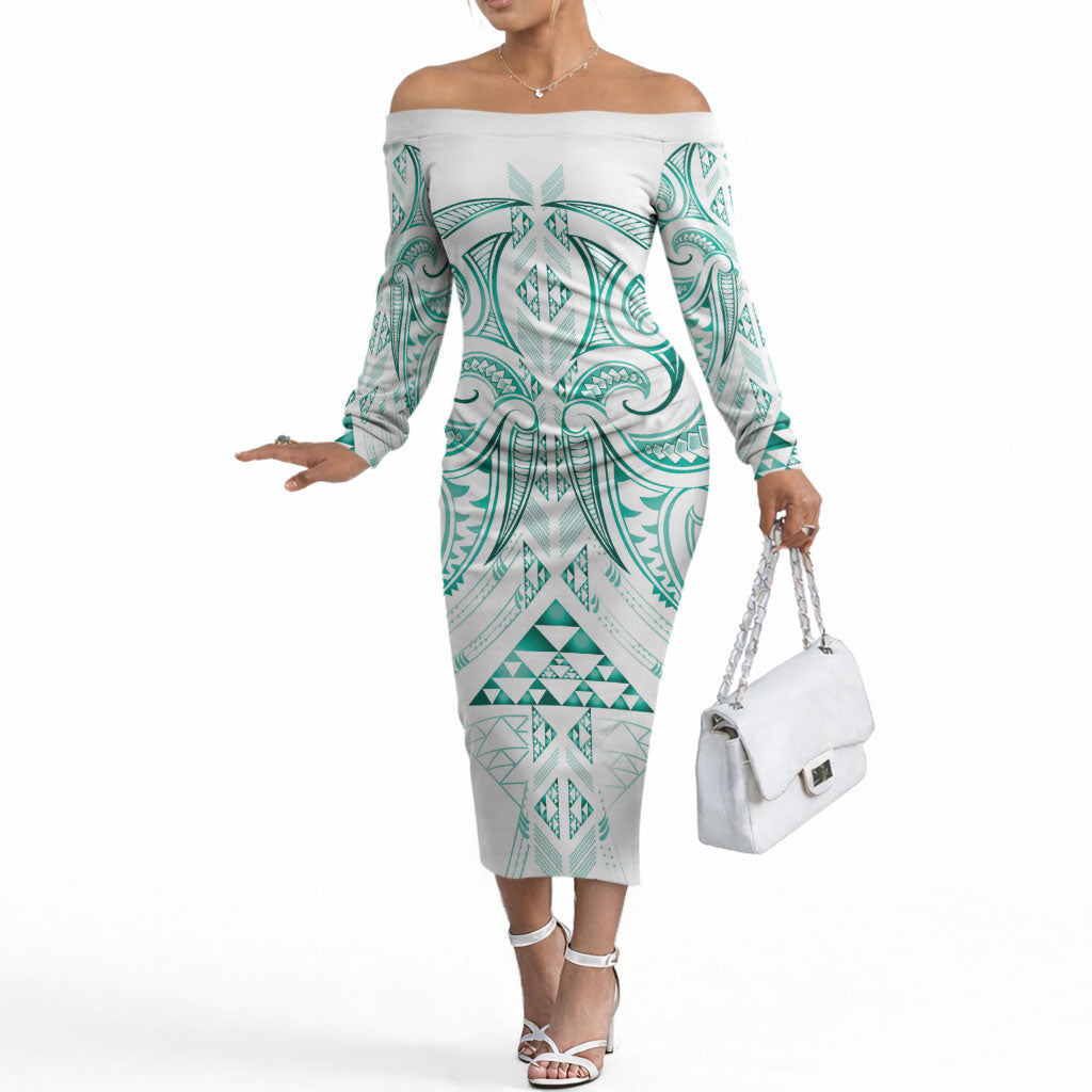 Maori Rugby Custom Ngaru Mangopare Off The Shoulder Long Sleeve Dress Karikiorangi Taniwha Motif