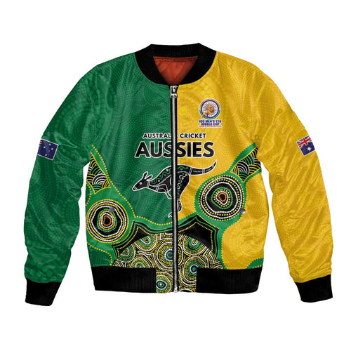 Custom Australia Cricket Spirit 2026 Bomber Jacket World T20 Edition - Aussie Color Aboriginal Motif - Aussie Hoodie