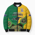 Custom Australia Cricket Spirit 2026 Bomber Puffer Jacket World T20 Edition - Aussie Color Aboriginal Motif - Aussie Hoodie