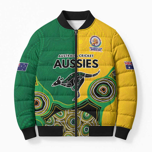 Custom Australia Cricket Spirit 2026 Bomber Puffer Jacket World T20 Edition - Aussie Color Aboriginal Motif - Aussie Hoodie