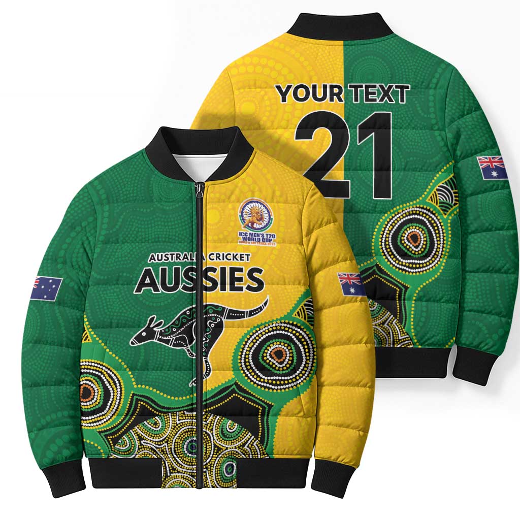 Custom Australia Cricket Spirit 2026 Bomber Puffer Jacket World T20 Edition - Aussie Color Aboriginal Motif - Aussie Hoodie