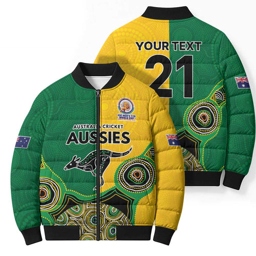 Custom Australia Cricket Spirit 2026 Bomber Puffer Jacket World T20 Edition - Aussie Color Aboriginal Motif - Aussie Hoodie