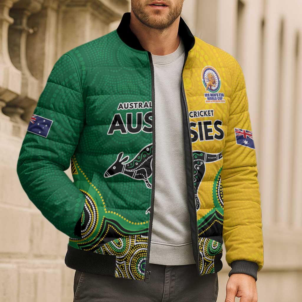 Custom Australia Cricket Spirit 2026 Bomber Puffer Jacket World T20 Edition - Aussie Color Aboriginal Motif - Aussie Hoodie