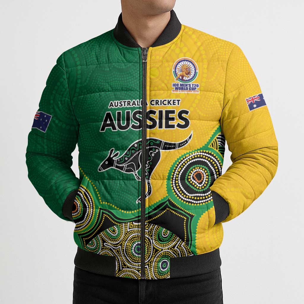 Custom Australia Cricket Spirit 2026 Bomber Puffer Jacket World T20 Edition - Aussie Color Aboriginal Motif - Aussie Hoodie