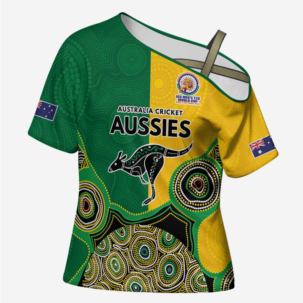 Custom Australia Cricket Spirit 2026 Cross Shoulder Shirt World T20 Edition - Aussie Color Aboriginal Motif - Aussie Hoodie