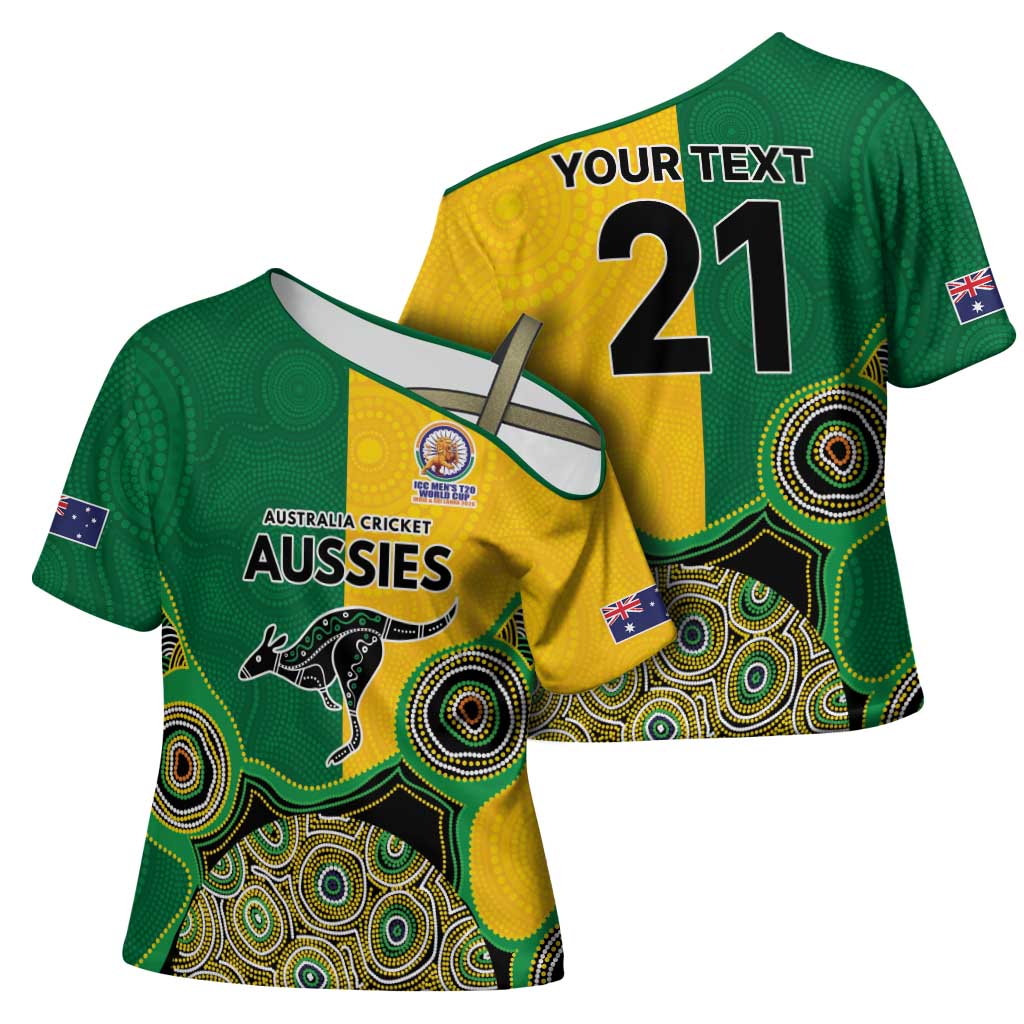 Custom Australia Cricket Spirit 2026 Cross Shoulder Shirt World T20 Edition - Aussie Color Aboriginal Motif - Aussie Hoodie