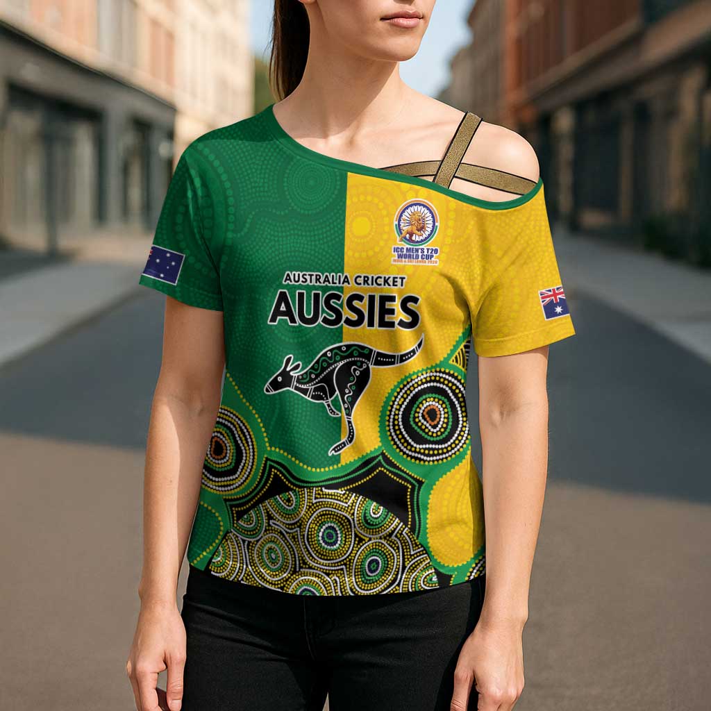 Custom Australia Cricket Spirit 2026 Cross Shoulder Shirt World T20 Edition - Aussie Color Aboriginal Motif - Aussie Hoodie