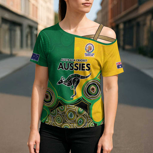 Custom Australia Cricket Spirit 2026 Cross Shoulder Shirt World T20 Edition - Aussie Color Aboriginal Motif - Aussie Hoodie