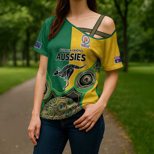 Custom Australia Cricket Spirit 2026 Cross Shoulder Shirt World T20 Edition - Aussie Color Aboriginal Motif - Aussie Hoodie