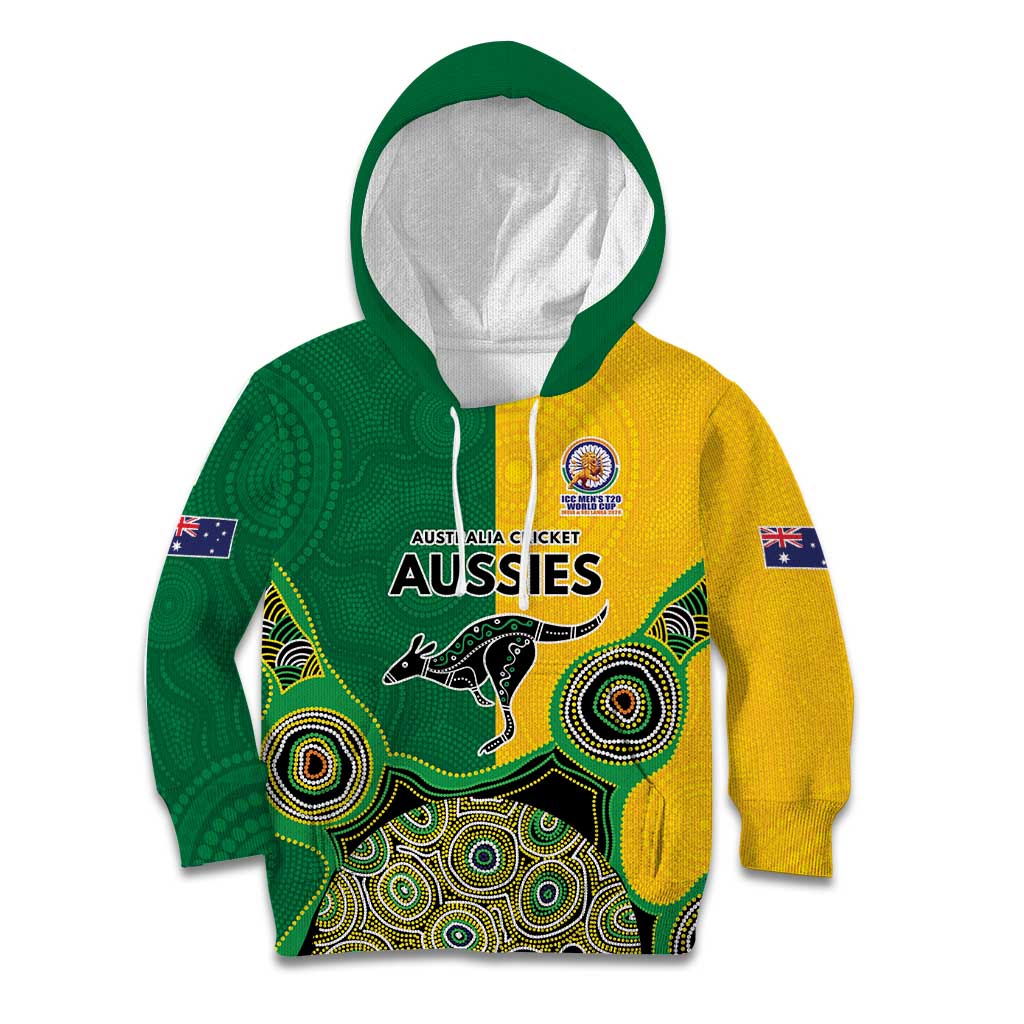 Custom Australia Cricket Spirit 2026 Kid Hoodie World T20 Edition - Aussie Color Aboriginal Motif - Aussie Hoodie