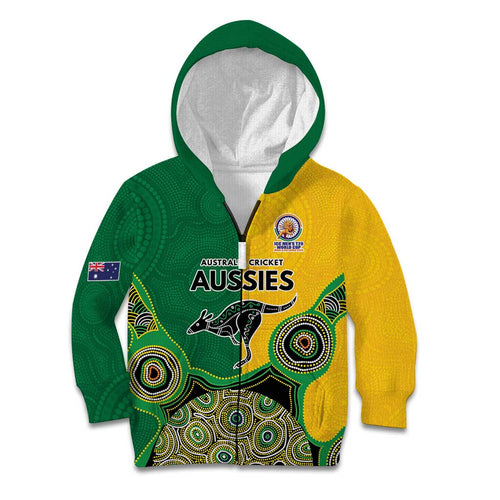 Custom Australia Cricket Spirit 2026 Kid Hoodie World T20 Edition - Aussie Color Aboriginal Motif - Aussie Hoodie
