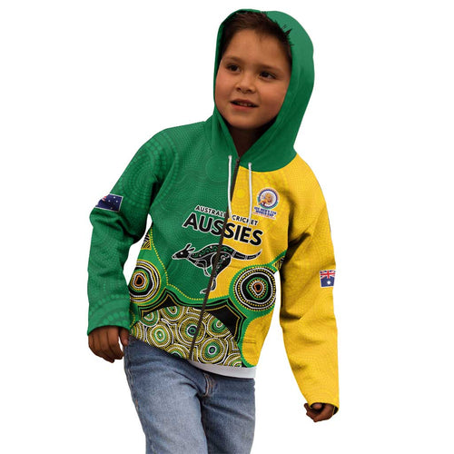 Custom Australia Cricket Spirit 2026 Kid Hoodie World T20 Edition - Aussie Color Aboriginal Motif - Aussie Hoodie