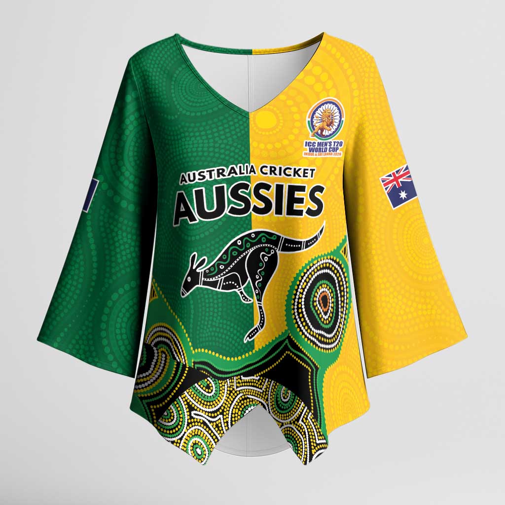 Custom Australia Cricket Spirit 2026 Kimono Sleeve Blouse World T20 Edition - Aussie Color Aboriginal Motif - Aussie Hoodie