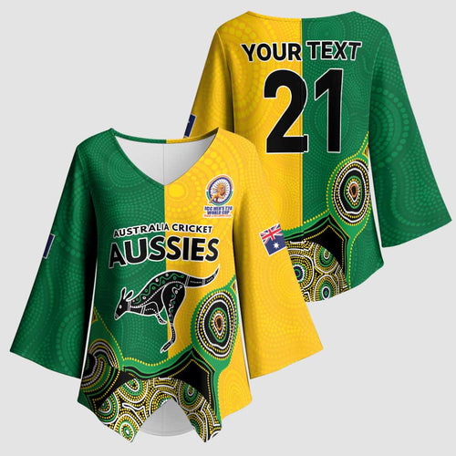 Custom Australia Cricket Spirit 2026 Kimono Sleeve Blouse World T20 Edition - Aussie Color Aboriginal Motif - Aussie Hoodie