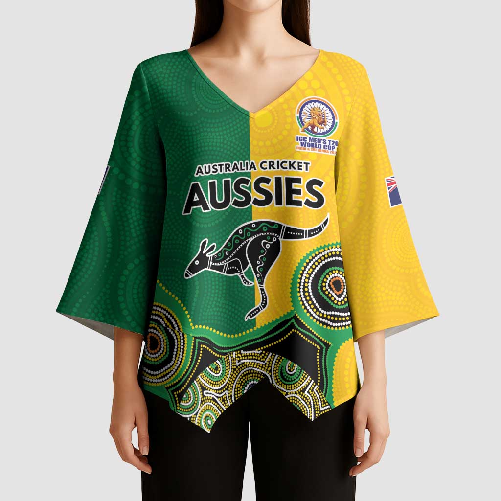 Custom Australia Cricket Spirit 2026 Kimono Sleeve Blouse World T20 Edition - Aussie Color Aboriginal Motif - Aussie Hoodie