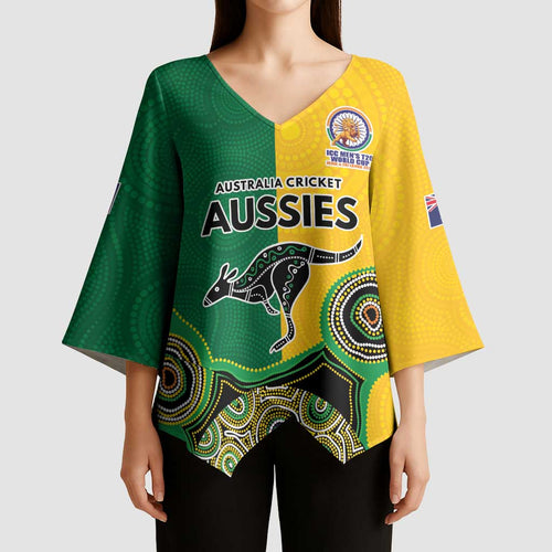 Custom Australia Cricket Spirit 2026 Kimono Sleeve Blouse World T20 Edition - Aussie Color Aboriginal Motif - Aussie Hoodie