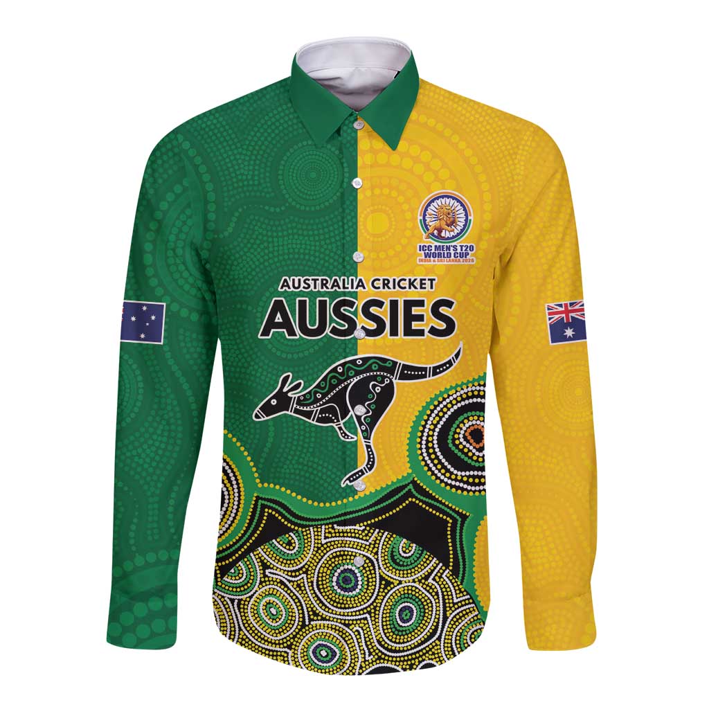 Custom Australia Cricket Spirit 2026 Long Sleeve Button Shirt World T20 Edition - Aussie Color Aboriginal Motif - Aussie Hoodie