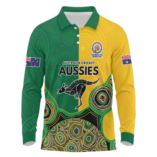 Custom Australia Cricket Spirit 2026 Long Sleeve Polo Shirt World T20 Edition - Aussie Color Aboriginal Motif - Aussie Hoodie
