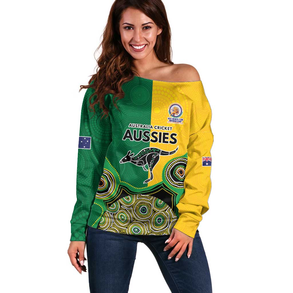 Custom Australia Cricket Spirit 2026 Off Shoulder Sweater World T20 Edition - Aussie Color Aboriginal Motif - Aussie Hoodie