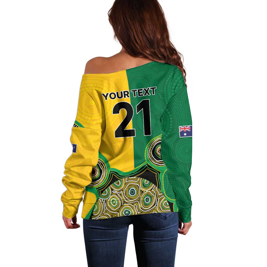Custom Australia Cricket Spirit 2026 Off Shoulder Sweater World T20 Edition - Aussie Color Aboriginal Motif - Aussie Hoodie