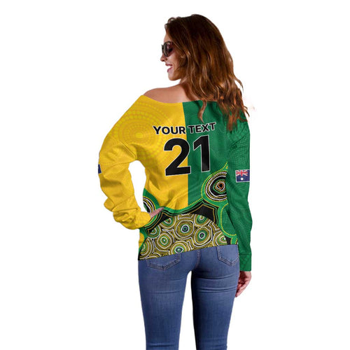 Custom Australia Cricket Spirit 2026 Off Shoulder Sweater World T20 Edition - Aussie Color Aboriginal Motif - Aussie Hoodie