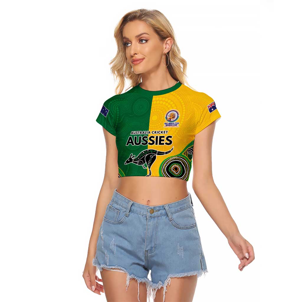 Custom Australia Cricket Spirit 2026 Raglan Cropped T Shirt World T20 Edition - Aussie Color Aboriginal Motif - Aussie Hoodie