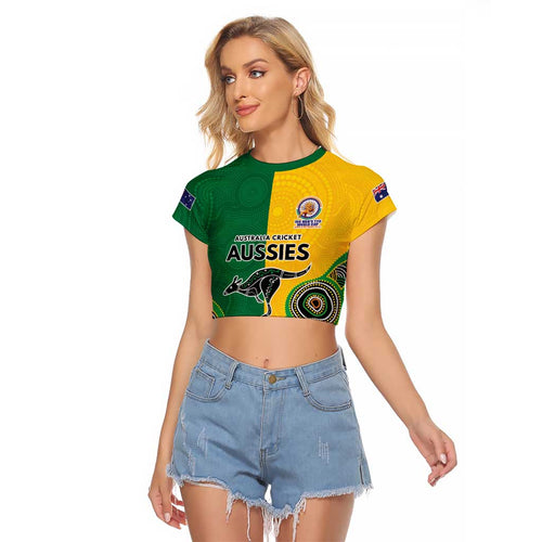 Custom Australia Cricket Spirit 2026 Raglan Cropped T Shirt World T20 Edition - Aussie Color Aboriginal Motif - Aussie Hoodie