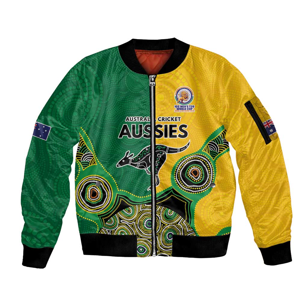 Custom Australia Cricket Spirit 2026 Sleeve Zip Bomber Jacket World T20 Edition - Aussie Color Aboriginal Motif - Aussie Hoodie