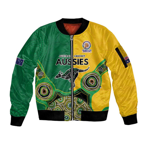 Custom Australia Cricket Spirit 2026 Sleeve Zip Bomber Jacket World T20 Edition - Aussie Color Aboriginal Motif - Aussie Hoodie