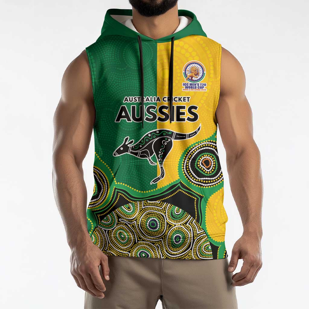 Custom Australia Cricket Spirit 2026 Sleeveless Hoodie World T20 Edition - Aussie Color Aboriginal Motif - Aussie Hoodie