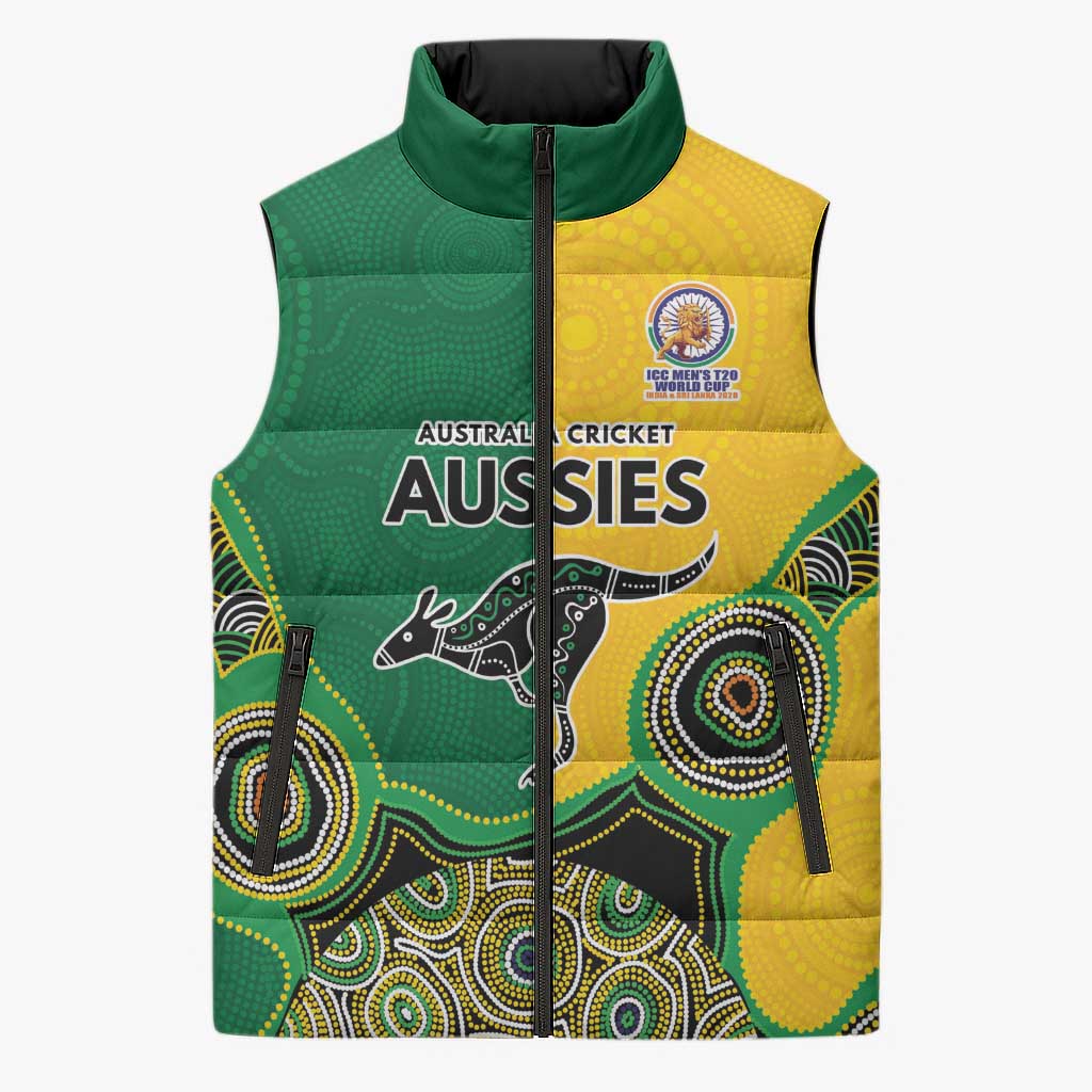 Custom Australia Cricket Spirit 2026 Sleeveless Puffer Jacket World T20 Edition - Aussie Color Aboriginal Motif - Aussie Hoodie
