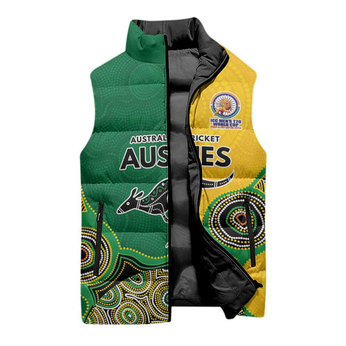 Custom Australia Cricket Spirit 2026 Sleeveless Puffer Jacket World T20 Edition - Aussie Color Aboriginal Motif - Aussie Hoodie