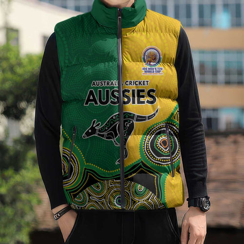 Custom Australia Cricket Spirit 2026 Sleeveless Puffer Jacket World T20 Edition - Aussie Color Aboriginal Motif - Aussie Hoodie