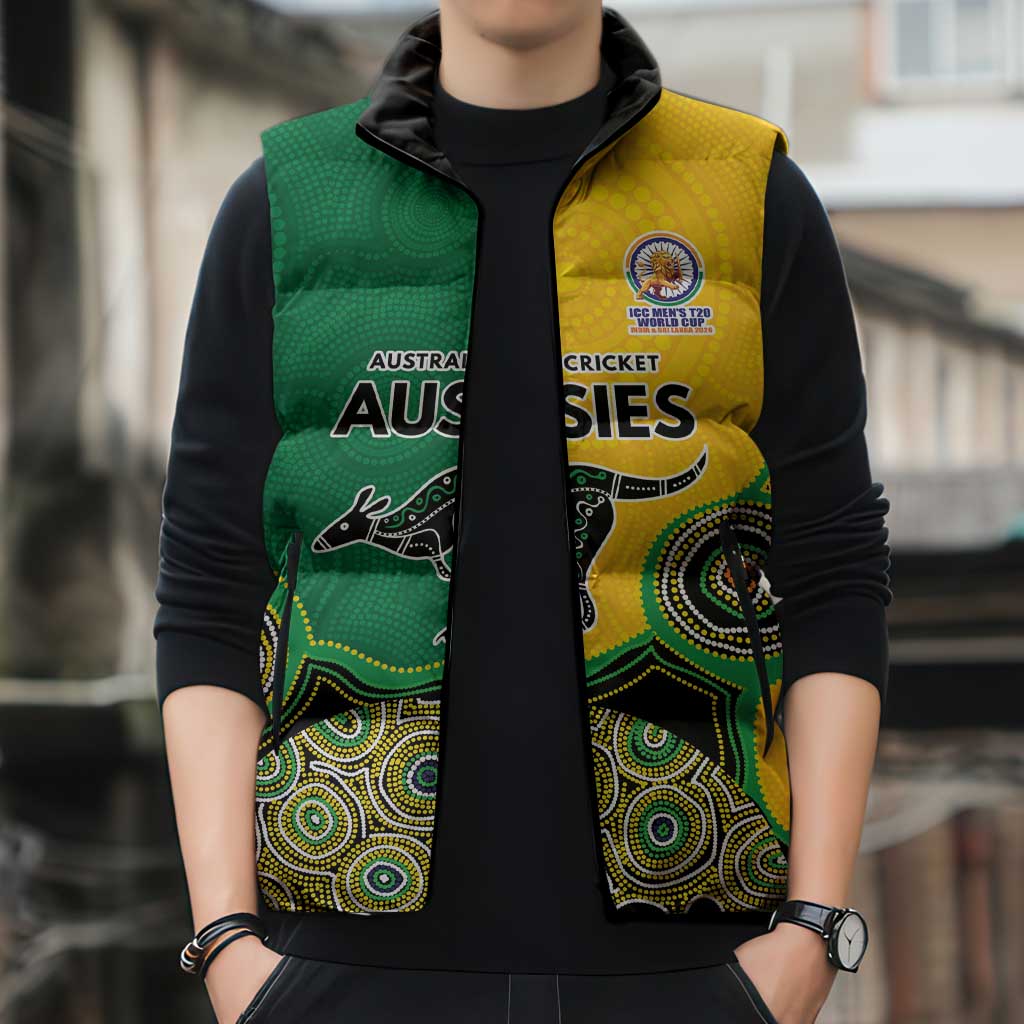 Custom Australia Cricket Spirit 2026 Sleeveless Puffer Jacket World T20 Edition - Aussie Color Aboriginal Motif - Aussie Hoodie