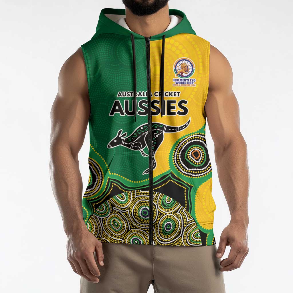 Custom Australia Cricket Spirit 2026 Sleeveless Zip Hoodie World T20 Edition - Aussie Color Aboriginal Motif LT9