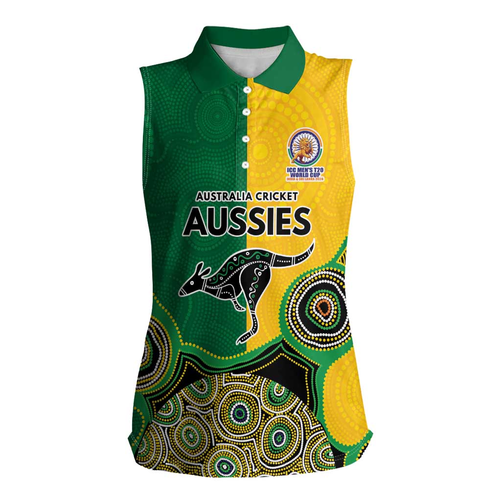 Custom Australia Cricket Spirit 2026 Women Sleeveless Polo Shirt World T20 Edition - Aussie Color Aboriginal Motif - Aussie Hoodie