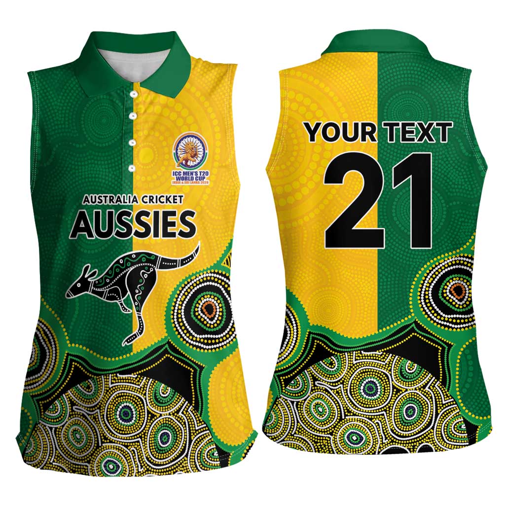 Custom Australia Cricket Spirit 2026 Women Sleeveless Polo Shirt World T20 Edition - Aussie Color Aboriginal Motif - Aussie Hoodie