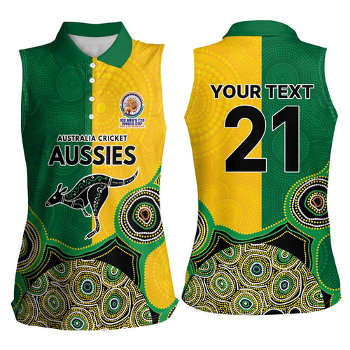 Custom Australia Cricket Spirit 2026 Women Sleeveless Polo Shirt World T20 Edition - Aussie Color Aboriginal Motif - Aussie Hoodie