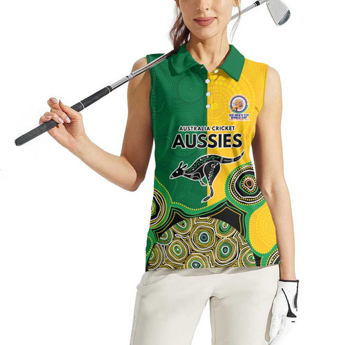 Custom Australia Cricket Spirit 2026 Women Sleeveless Polo Shirt World T20 Edition - Aussie Color Aboriginal Motif - Aussie Hoodie