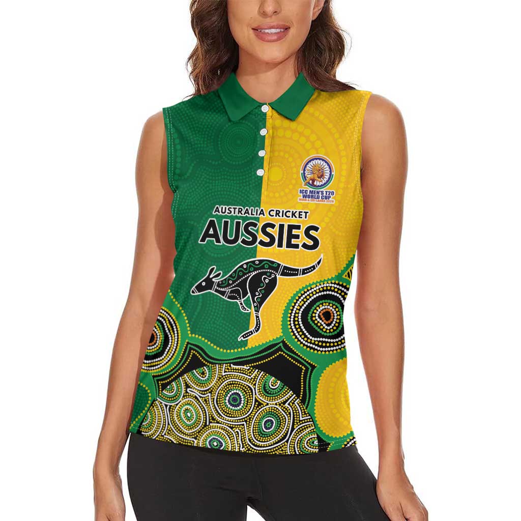 Custom Australia Cricket Spirit 2026 Women Sleeveless Polo Shirt World T20 Edition - Aussie Color Aboriginal Motif - Aussie Hoodie