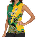 Custom Australia Cricket Spirit 2026 Women Sleeveless Polo Shirt World T20 Edition - Aussie Color Aboriginal Motif - Aussie Hoodie