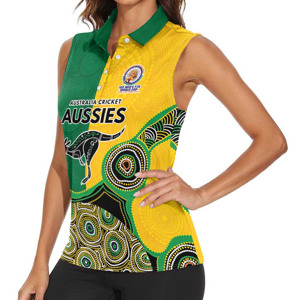 Custom Australia Cricket Spirit 2026 Women Sleeveless Polo Shirt World T20 Edition - Aussie Color Aboriginal Motif - Aussie Hoodie
